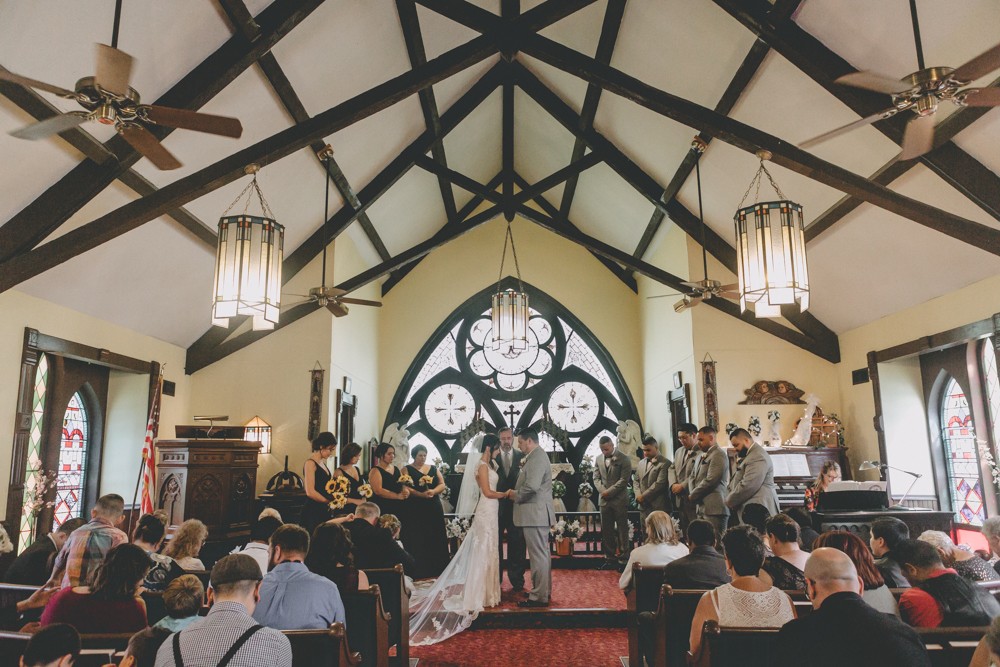 Romantic black and gray wedding with vintage open back lace dress at Church by the Side of the Road in Rockton, IL by Sara Anne Johnson