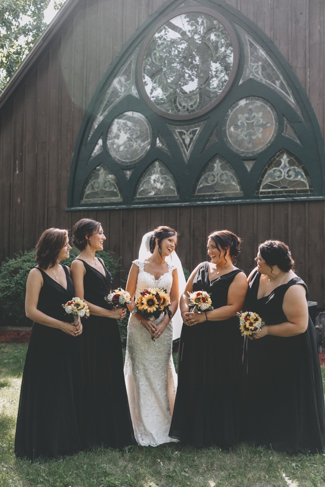 Romantic black and gray wedding with vintage open back lace dress at Church by the Side of the Road in Rockton, IL by Sara Anne Johnson