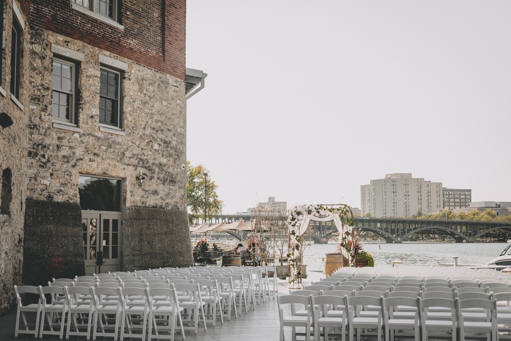 Purple + Gold Prairie Street Brewhouse September wedding with dockside ceremony photography by Sara Anne Johnson 