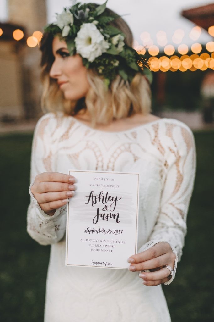 Mid-Mod Meets Boho with Lovely Bride at romantic D.C. Estate Winery in South Beloit, Illinois by Sara Anne Johnson   Photo: Sara Johnson Photography Venue: DC Estate Winery Cake: Julie Michelle Cakes Rentals: Forever Birdy Calligraphy: Letters by Chels Dress: Lovely Bride Chicago - Lovers Society "North" Florals: Busy B's  Event Planner: Capstone Occasions 