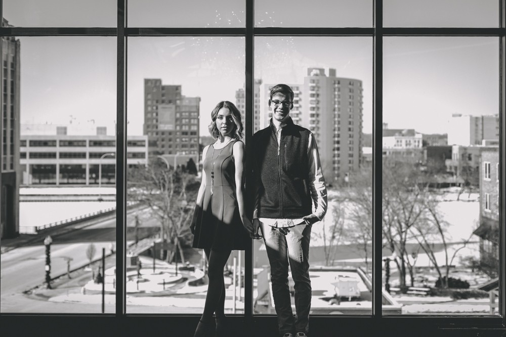Winter urban downtown Rockford couples session at The Standard by Sara Anne Johnson