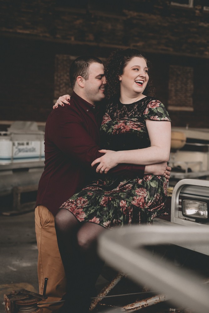 Winter engagement session at Carlyle Brewing Company Downtown Rockford, IL by Sara Anne Johnson