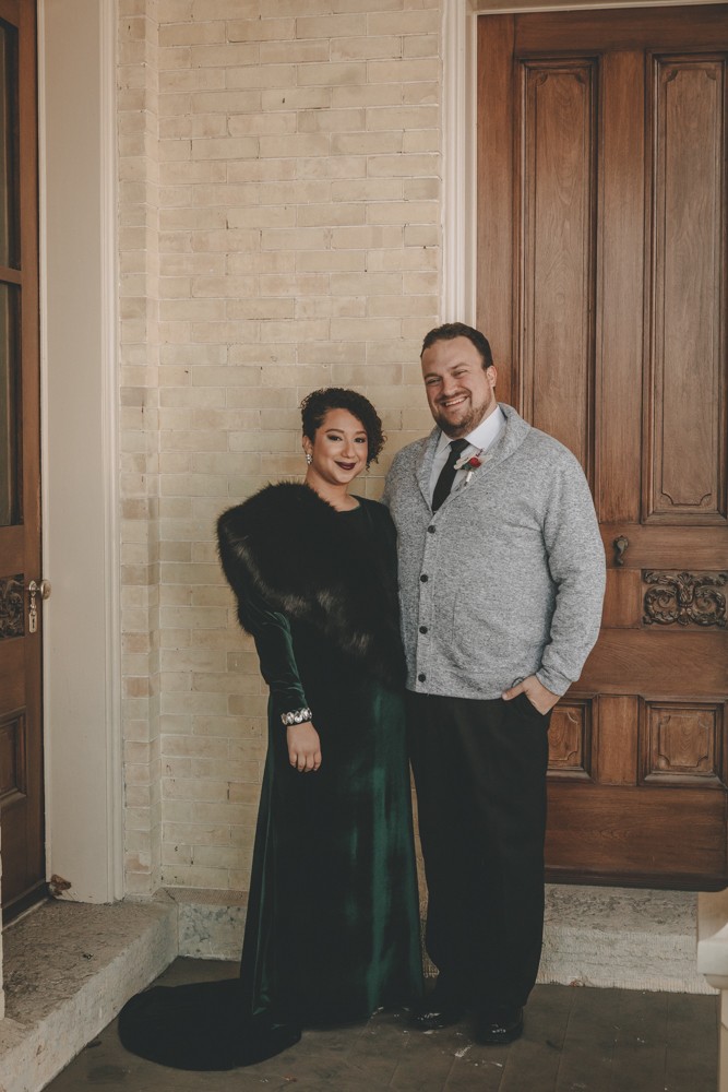 New Year's Eve Winter Elopement with emerald velvet gown at Rotary Botanical Gardens by Sara Anne Johnson