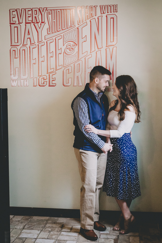 Winter engagement session with a mid-century modern twist, coffee, and ice cream at Sips + Sprinkles in Belvidere IL by Sara Anne Johnson