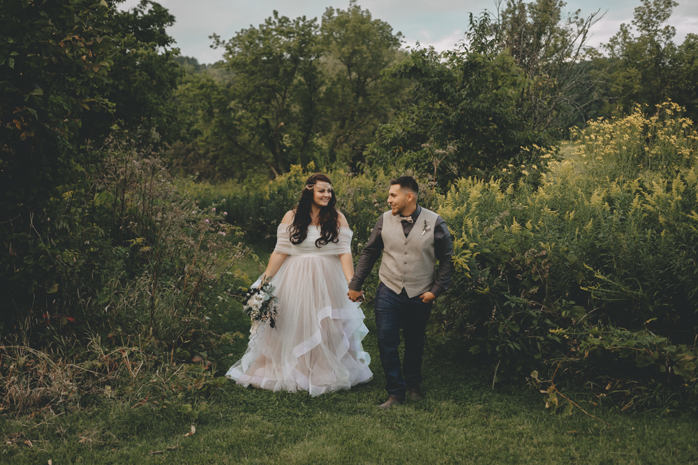 Private, intimate Northern Illinois elopement style wedding in the woods with vintage rental furniture, The Noble Cakery, and a blush wedding gown - by Sara Anne Johnson. Sara Johnson Photography