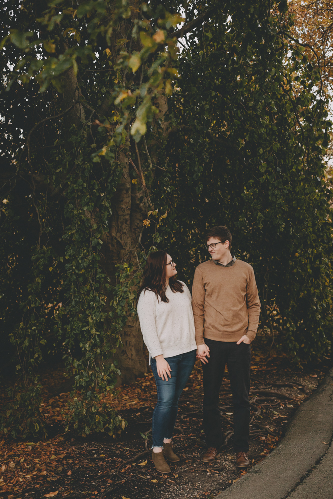 Cozy, sunset, Fall engagement session with a gorgeous grey diamond  at beautiful Cantigny Park in Wheaton, IL by Sara Anne Johnson - Photographer