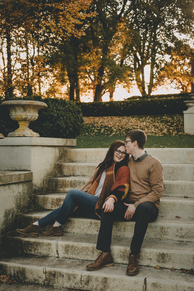 Cozy, sunset, Fall engagement session with a gorgeous grey diamond  at beautiful Cantigny Park in Wheaton, IL by Sara Anne Johnson - Photographer